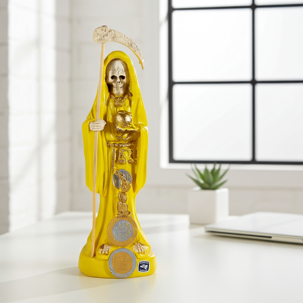 Yellow Santa Muerte undressed 8 inch statue for spiritual devotion, home altar placement, and ritual practice.