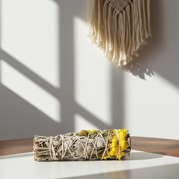 Yellow Sinuata Flowers with White Sage smudge stick bundle 3-4 inch for energy cleansing, spiritual rituals, and home blessing.