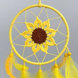 Yellow sunflower dream catcher with feathers for nursery decor, peaceful sleep spaces, and decorative wall hanging use.