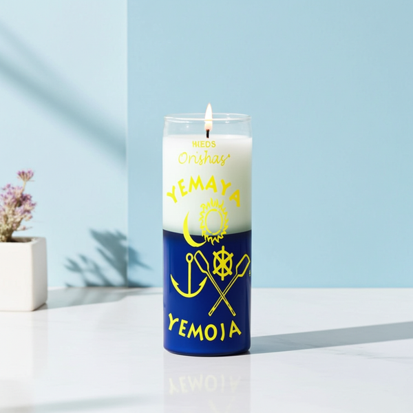 Yemaya Orishas blue and white 7 day candle glass jar candle for prayer, altar devotion, and spiritual ritual use.