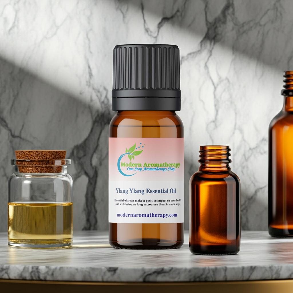 Ylang ylang essential oil dropper bottle for anxiety relief aromatherapy blends, romance, and intensely floral home scenting.