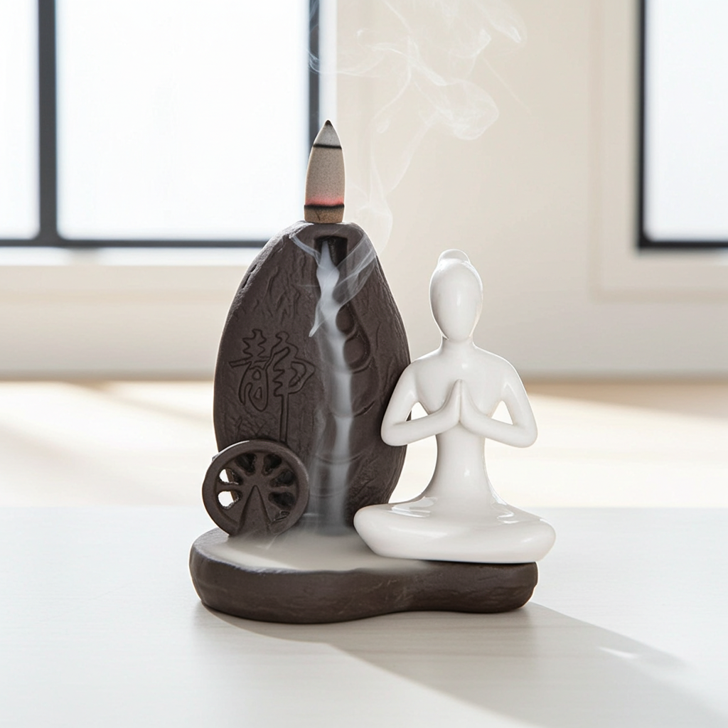 Yoga Ceramic Backflow Incense Burner with cascading smoke waterfall for meditation and calming home décor.