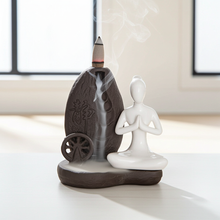 Yoga Ceramic Backflow Incense Burner with cascading smoke waterfall for meditation and calming home décor.