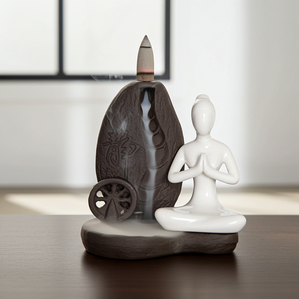 Yoga ceramic backflow incense burner for meditation, aromatherapy, and calming home decor use.