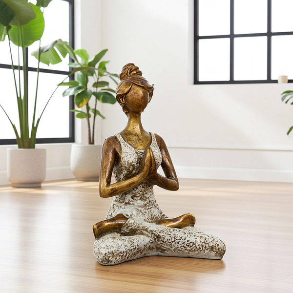 Yoga Sukhasana Pose Statue white figurine for meditation room decor, mindfulness spaces, and peaceful home styling.
