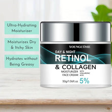 YOUNGCOME Retinol Collagen Face Cream jar on wooden surface with natural greenery background.