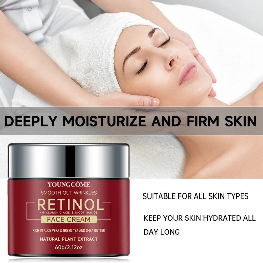 YOUNGCOME Retinol Face Cream jar with woman receiving facial treatment for anti-aging and skin firming care.