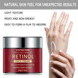 YOUNGCOME Retinol Lifting Cream jar and hand application showing product features and lightweight moisturizing texture.