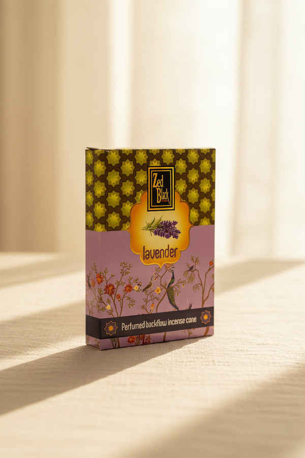 Zed Black Lavender Dhoop Backflow Cones with cascading smoke for relaxation.