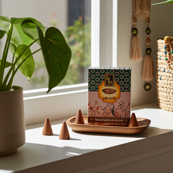 Zed Black Palo Santo dhoop backflow cones for incense burning, meditation, and spiritual cleansing.
