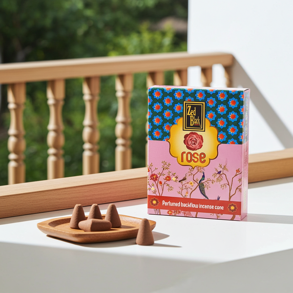 Zed Black Rose Dhoop backflow cones for incense burning, home fragrance, and relaxing aromatherapy use.