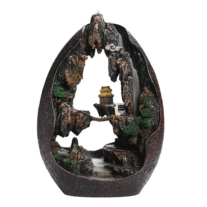 Zen Buddha Waterfall Backflow Incense Burner with cascading smoke waterfall for aromatherapy and spiritual décor.
