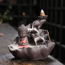 Zen Buddha meditation backflow burner for calming incense rituals, prayer corners, and wellness room decor.