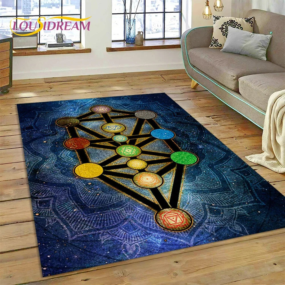 Yoga Zen 7-Chakra area rug with non-slip backing for home meditation, relaxation, and chakra-inspired decor.