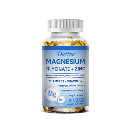 Daitea Magnesium Glycinate + Zinc capsules bottle for daily mineral supplementation, supporting calm routines, body wellness, and immune function support.