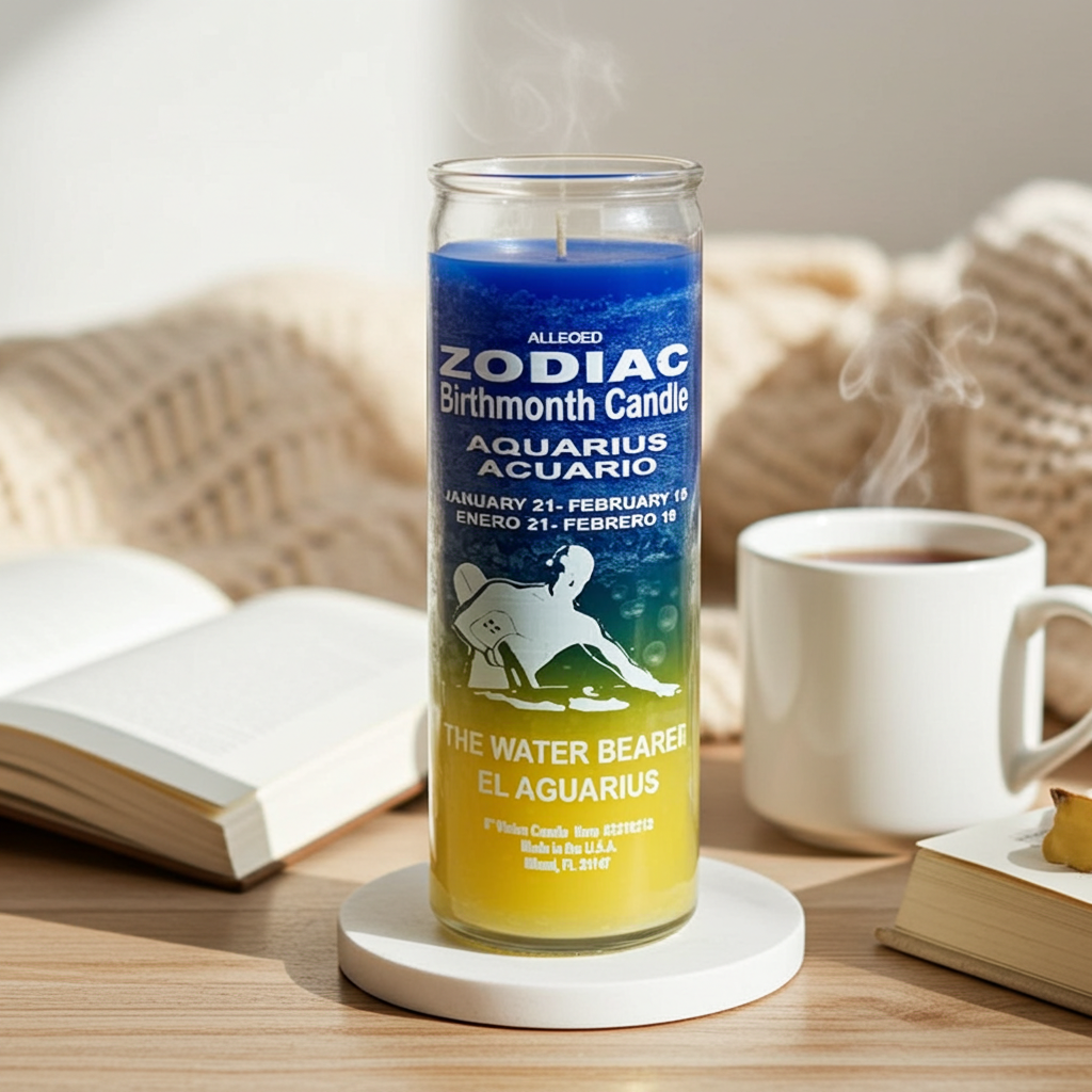 Zodiac Aquarius glass 7 day candle for altar work, meditation, and horoscope-inspired ritual use.