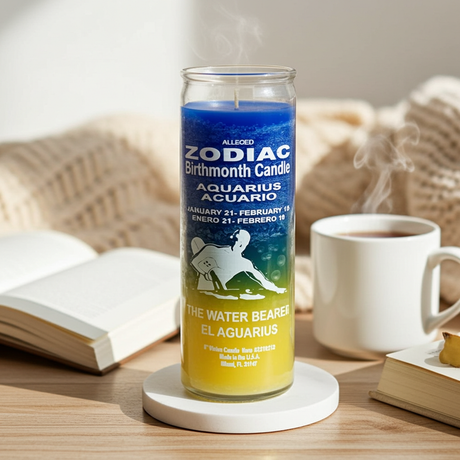 Zodiac Aquarius glass 7 day candle for altar work, meditation, and horoscope-inspired ritual use.