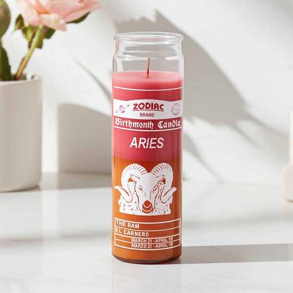 Zodiac Aries 7 Day Candle glass jar candle for spiritual rituals, meditation, and zodiac altar use.