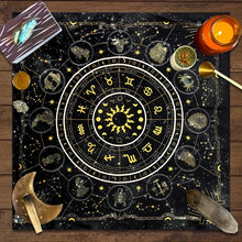 Tarot & Zodiac Astrology tablecloth for tarot card spreads, zodiac-themed readings, and divination practice.
