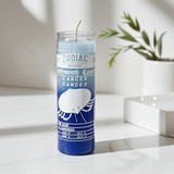 Zodiac Cancer 7 day candle in a glass jar for astrology rituals, meditation, and spiritual altar use.