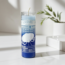 Zodiac Cancer 7 day candle in a glass jar for astrology rituals, meditation, and spiritual altar use.