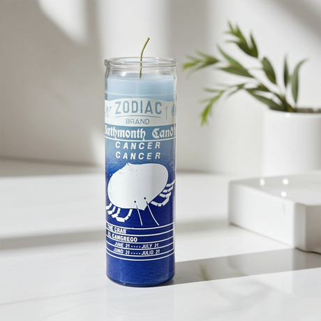Zodiac Cancer 7 day candle in a glass jar for astrology rituals, meditation, and spiritual altar use.