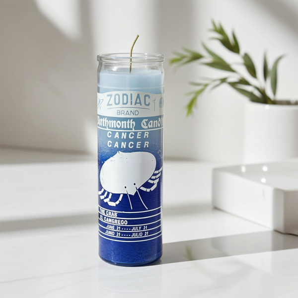 Zodiac Cancer 7 day candle in a glass jar for astrology rituals, meditation, and spiritual altar use.