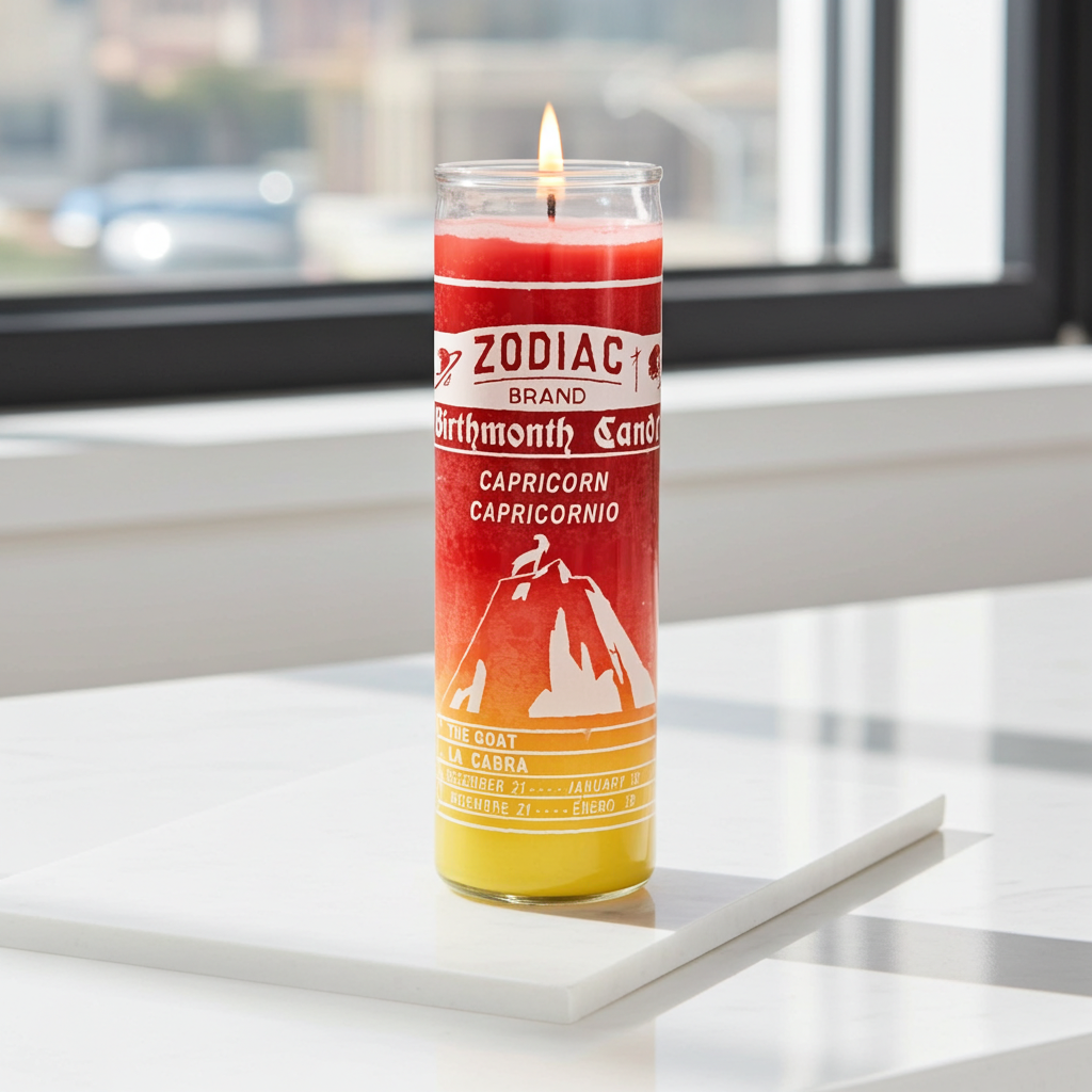 Zodiac Capricorn spiritual 7 day candle in a glass container for horoscope rituals, intention setting, and altar use.