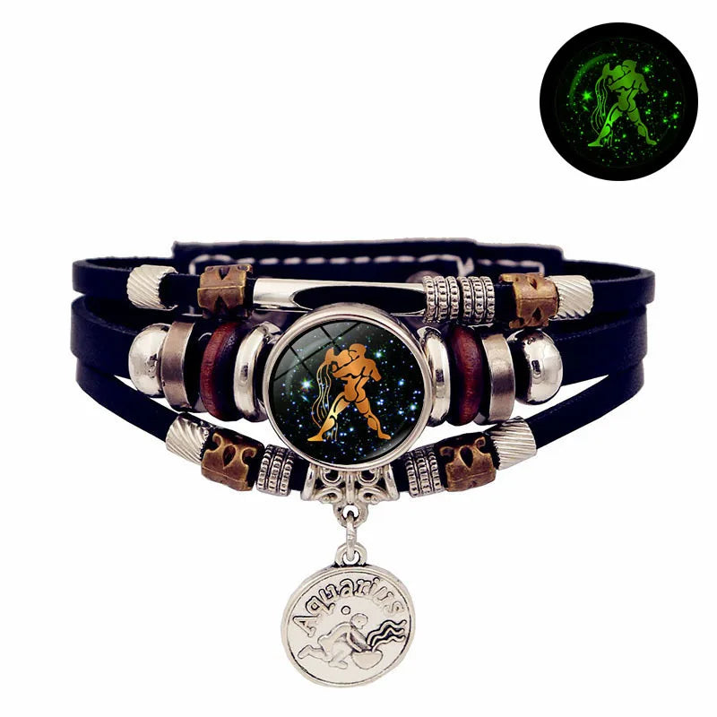 Zodiac-inspired luminous leather bracelet for horoscope-themed outfits, personal style accessorizing, and everyday unisex fashion use.
