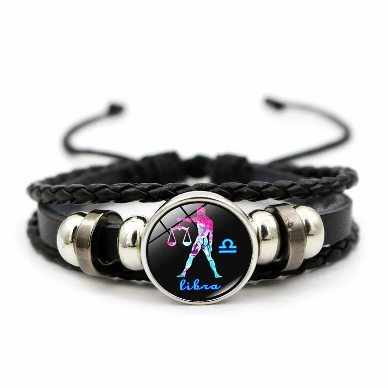 Zodiac leather charm bracelet with 12 constellation charms for horoscope-themed outfits, gifting, and everyday wear.