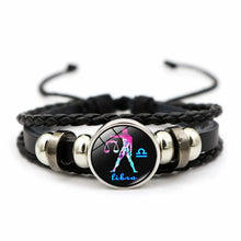 Zodiac leather charm bracelet with 12 constellation charms for horoscope-themed outfits, gifting, and everyday wear.