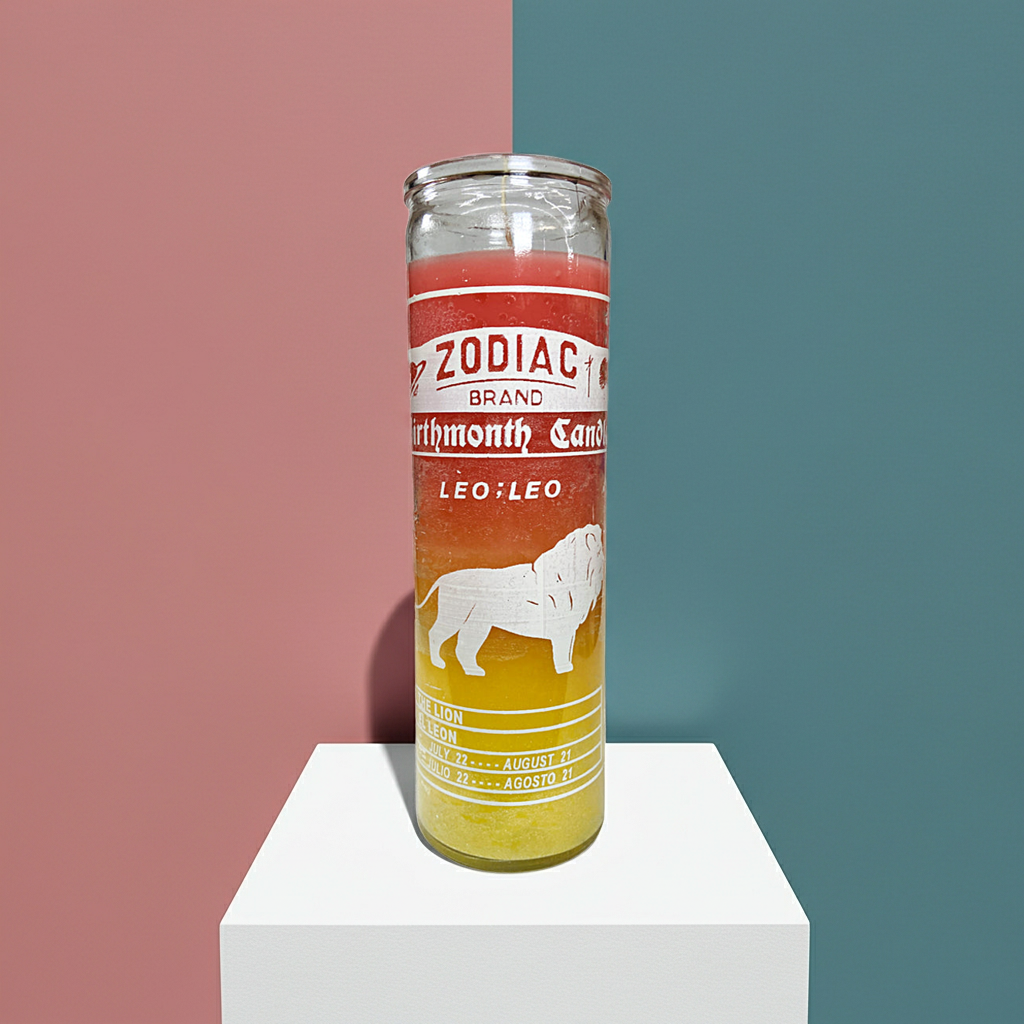 Zodiac Leo prayer candle in glass for manifestation, astrological practice, and devotional use.