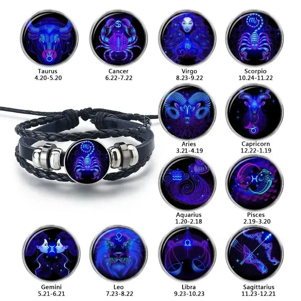 Zodiac Sign Luminous Leather Charm Bracelet with glowing charm accents for everyday fashion wear and zodiac-inspired styling.