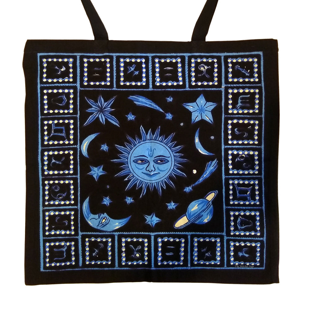 Zodiac Stars Tote Bag, 18x18 inch blue tie dye and black canvas tote, back view