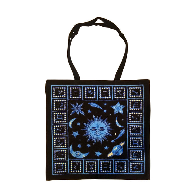 Zodiac Stars Tote Bag, 18x18 inch blue tie dye and black canvas tote, front view