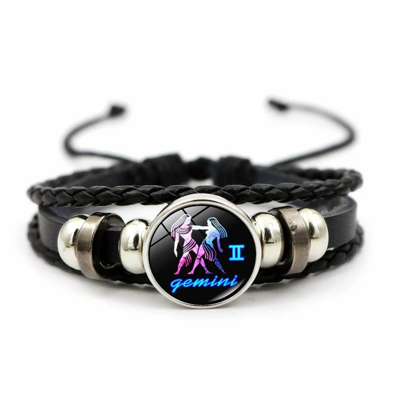 Zodiac symbol leather bracelet with charms for astrology-inspired outfits, fashion accessorizing, and gift occasions.
