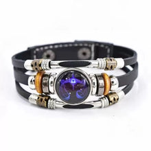 Twelve Constellations zodiac symbol retro leather cuff bracelet for statement wrist styling and horoscope-inspired fashion use.