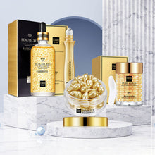 24K Gold Niacinamide Anti-Wrinkle Facial Set complete product display with serum eye cream and capsules.