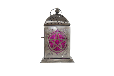 Candle Lantern - Pentacle, Black Antique with Purple Windows