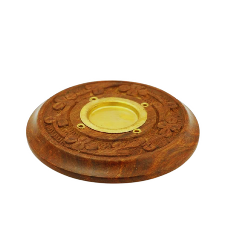 Incense Burner - Wooden Round Plate Flowers - 4 inches