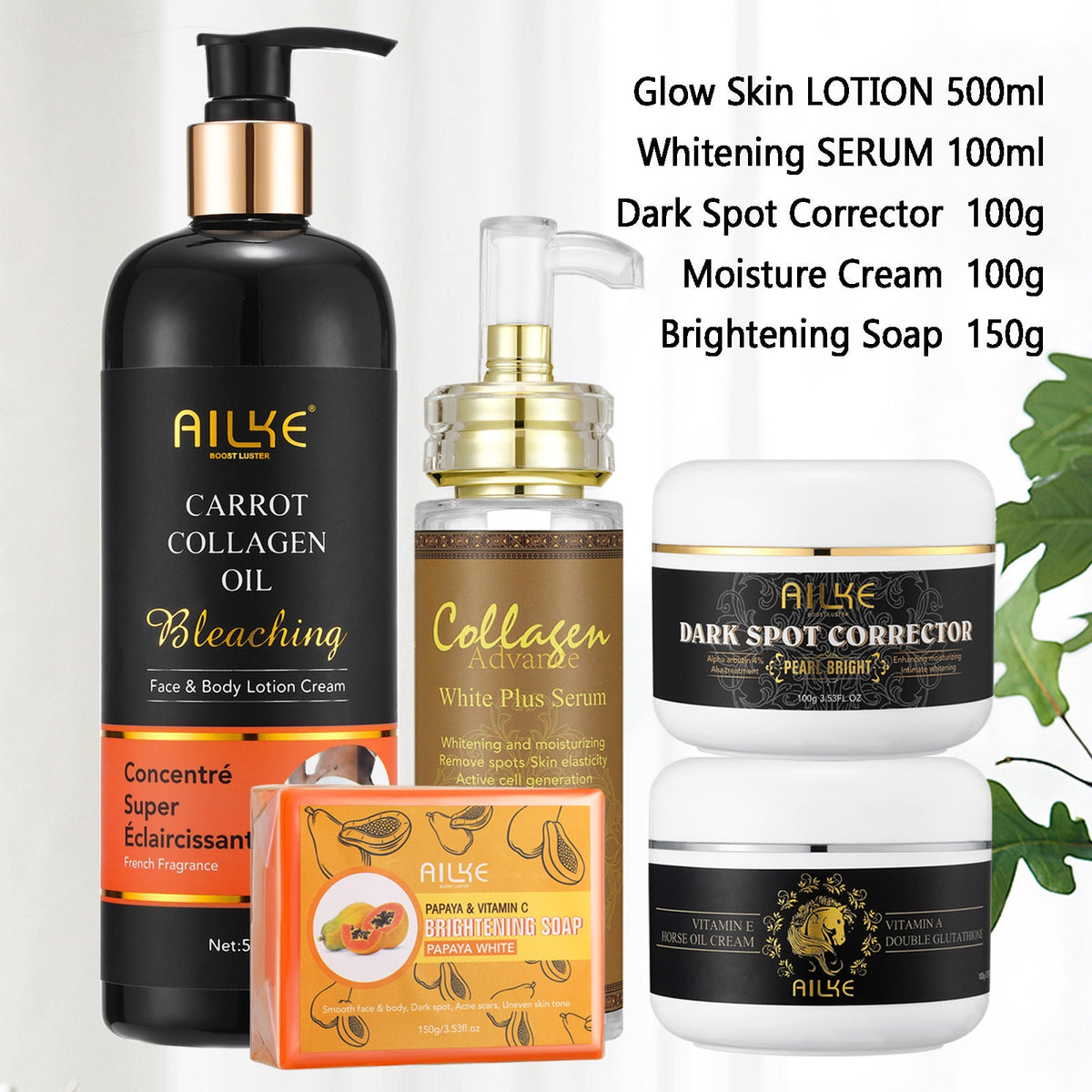 AILKE Bleaching Whitening Anti-Wrinkle Lotion with carrot oil and collagen brightening and anti-aging benefits.