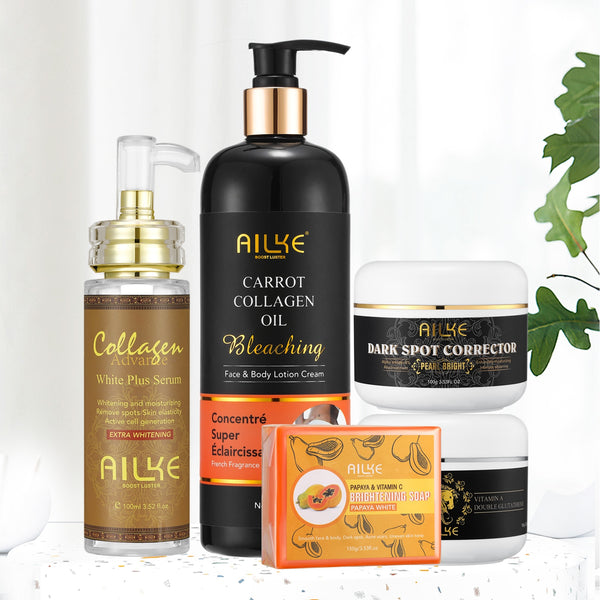 AILKE Collagen 5-in-1 Skin Care Kit complete product display with all five brightening products.