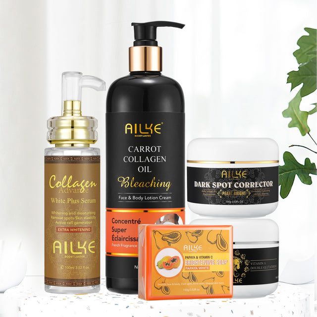 AILKE Collagen 5-in-1 Skin Care Kit complete product display with all five brightening products.
