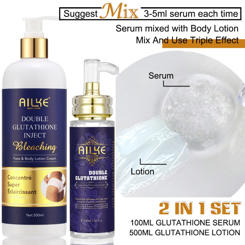 AILKE Double Glutathione Whitening Skin Care cream before and after results showing brighter even skin.