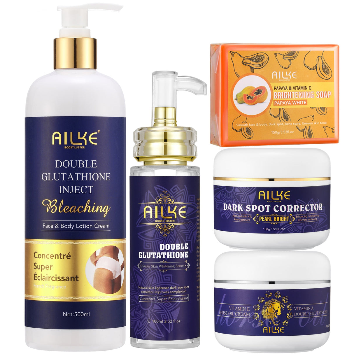 AILKE Glutathione 5-in-1 Women Skin Care Kit full product set display for brightening and dark spot correction.