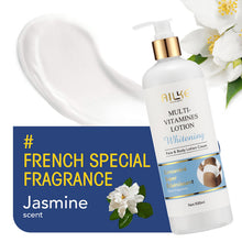 AILKE Multi Vitamin Whitening Body Lotion key vitamins A, E, B3, and B5 for skin brightening and hydration.