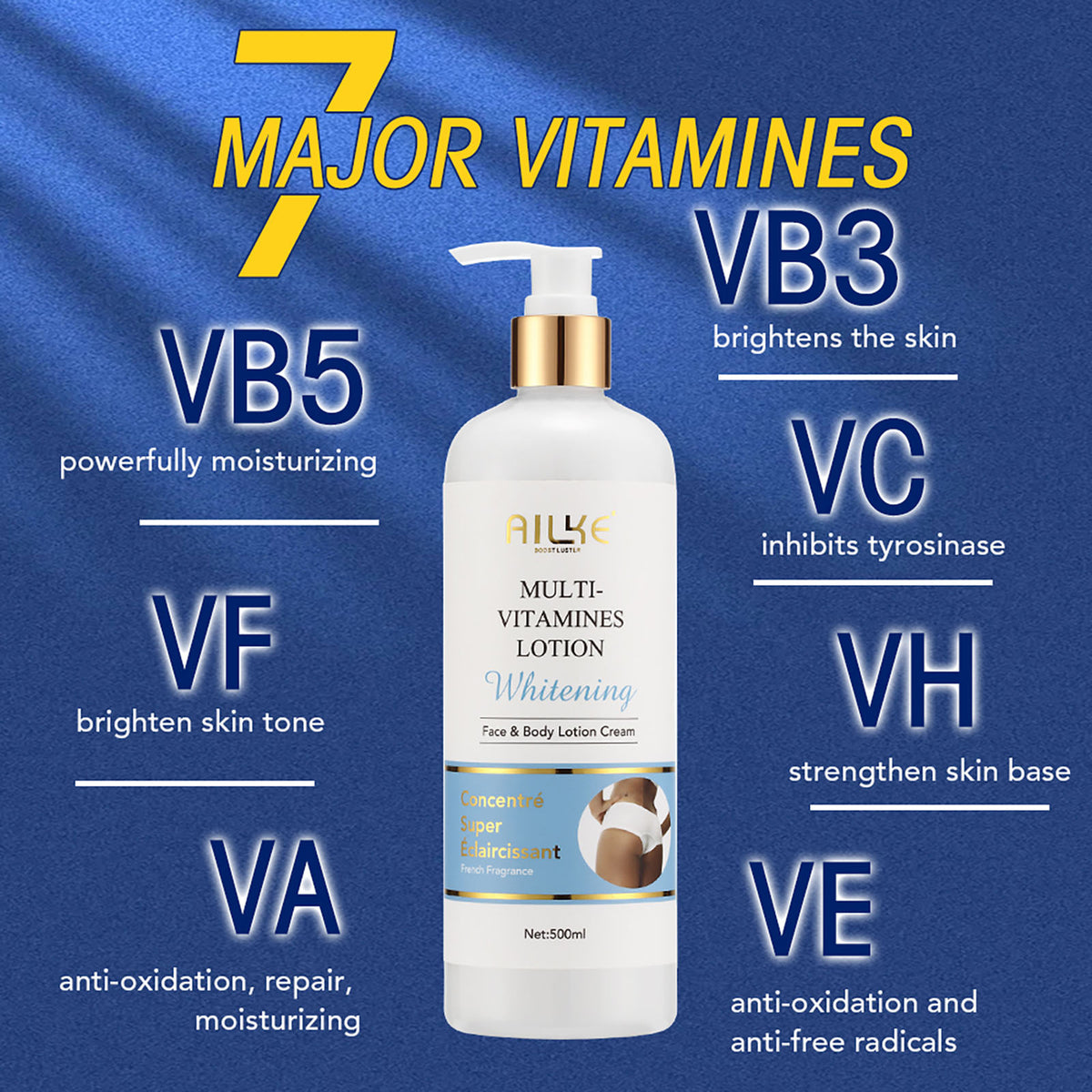 AILKE Multi Vitamin Whitening Body Lotion 500ml packaging label showing vitamin complex formula details.