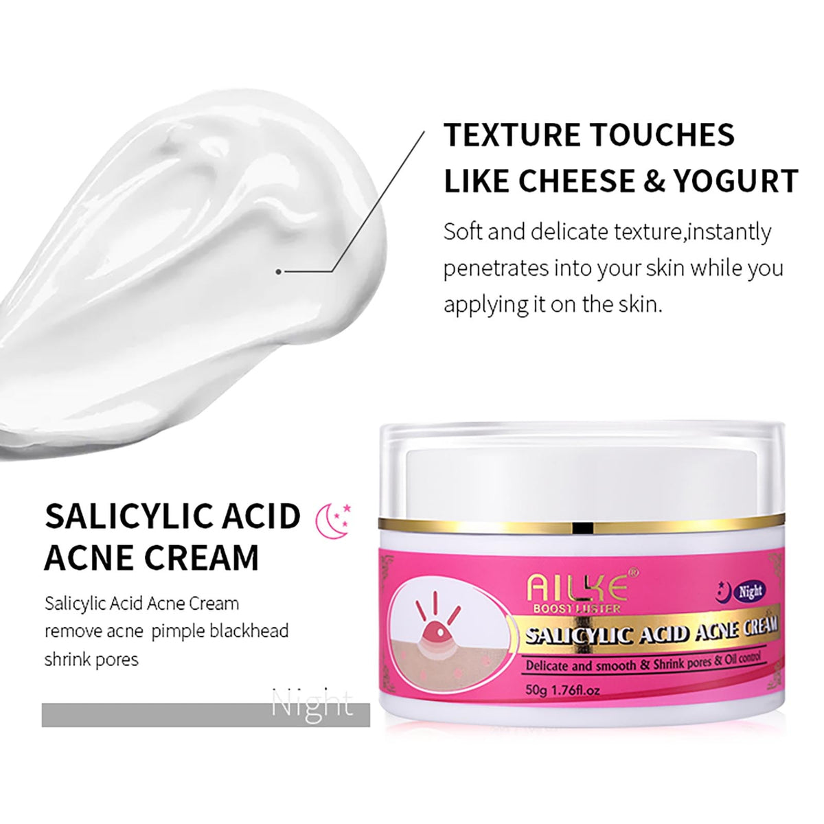 AILKE Organic Salicylic Acid Acne Cream before and after results showing cleared acne and smoother skin.