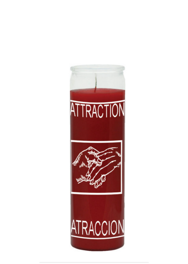 Attraction 7-Day Candle red glass prayer candle for love drawing, relationship intention setting, and spiritual ritual use.