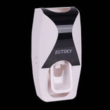 Automatic Toothpaste Dispenser Set components — dispenser and toothbrush holder on white background.